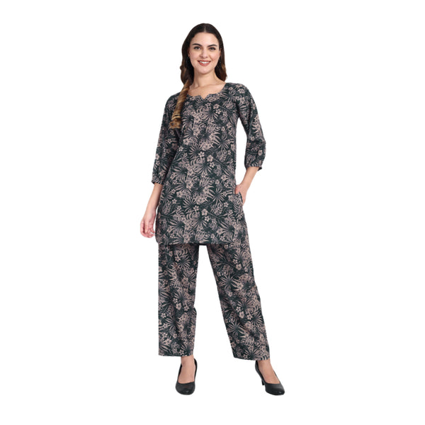 Elegant Women Co-ord Set – Stylish Matching Top & Bottom Outfit for Casual & Party Wear dark forest green