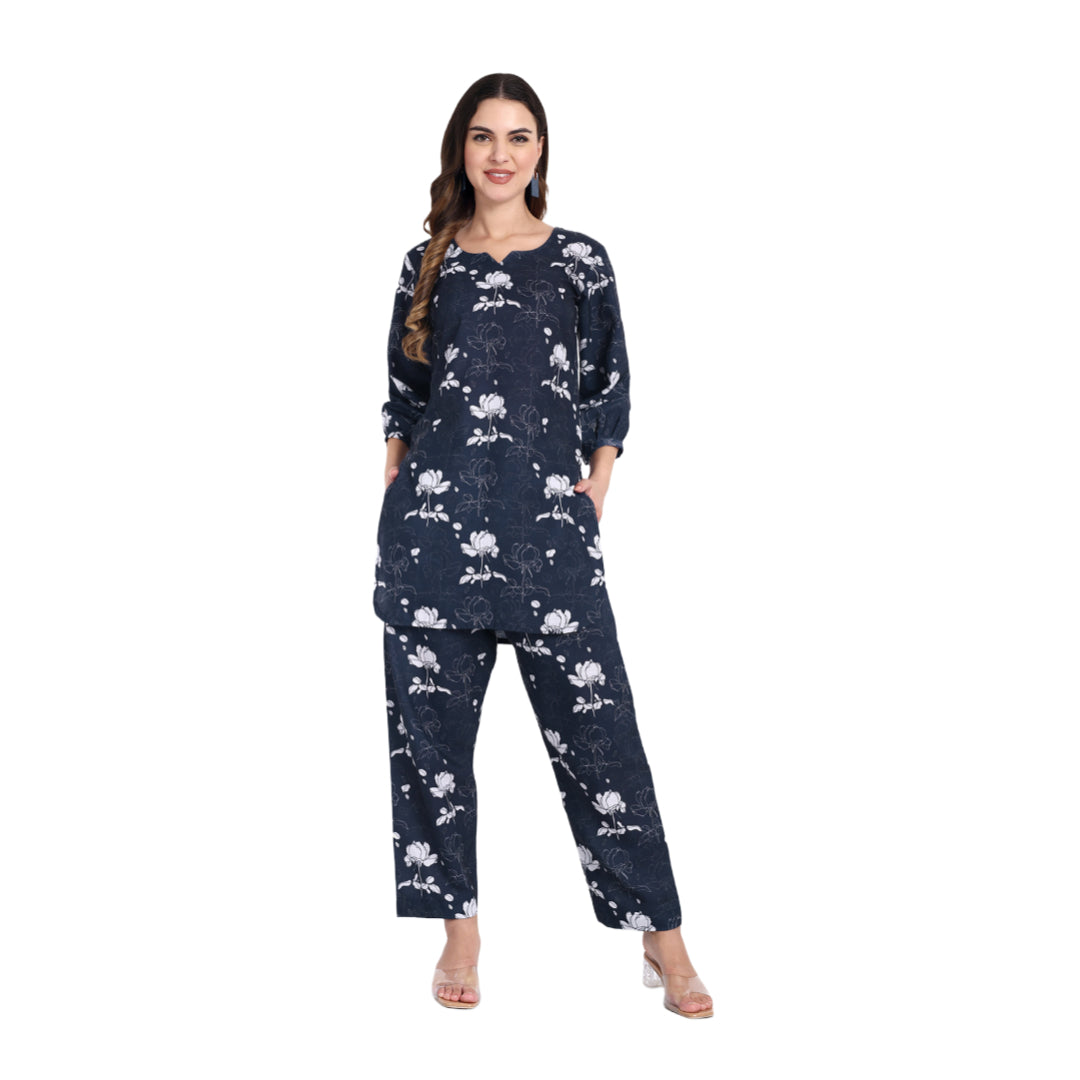 Elegant Women Co-ord Set – Stylish Matching Top & Bottom Outfit for Casual & Party Wear dark navy
