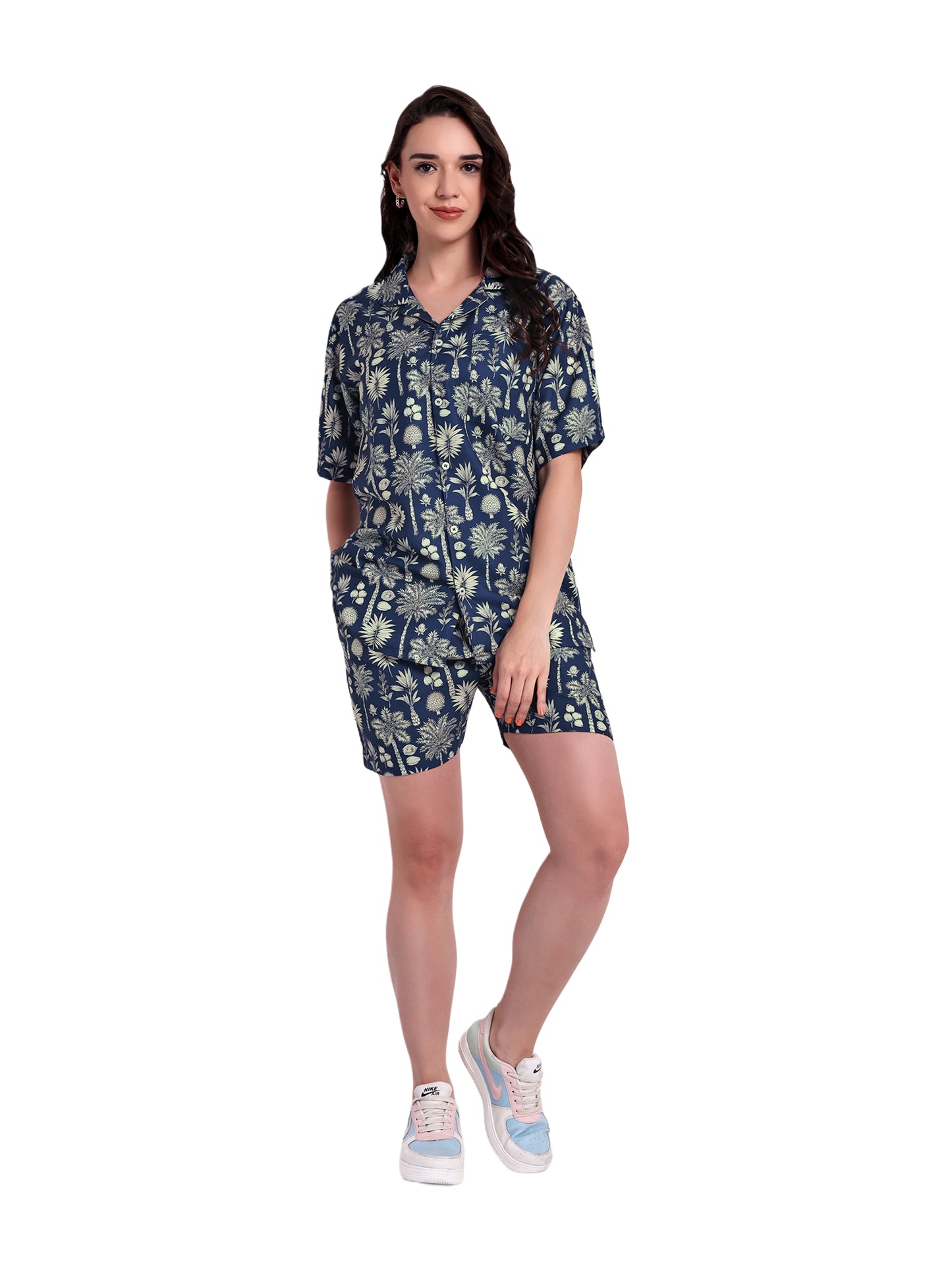 Women Casual Cord Set – Comfortable Summer Co-Ord Outfit navy blue print
