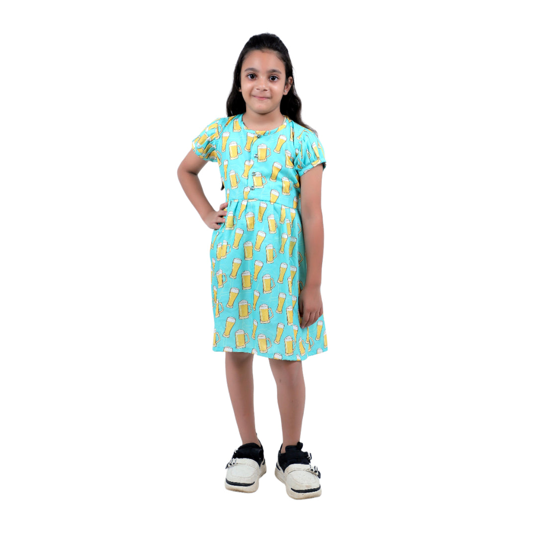 Girls Aqua Blue Printed Cotton Casual Dress