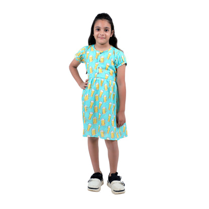 Girls Aqua Blue Printed Cotton Casual Dress