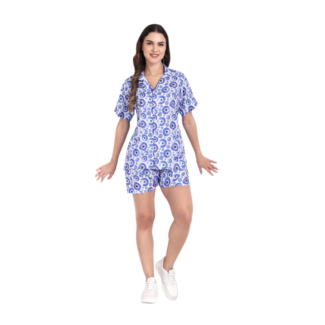 Women Casual Cord Set – Comfortable Summer Co-Ord Outfit white and blue printed