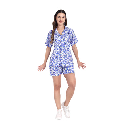 Women Casual Cord Set – Comfortable Summer Co-Ord Outfit white and blue printed