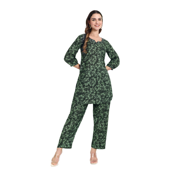Elegant Women Co-ord Set – Stylish Matching Top & Bottom Outfit for Casual & Party Wear dark forest green