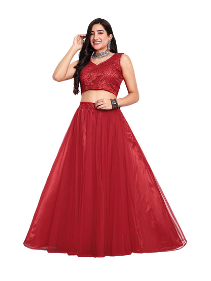 Elegant Women Flared Maxi Net Skirt red