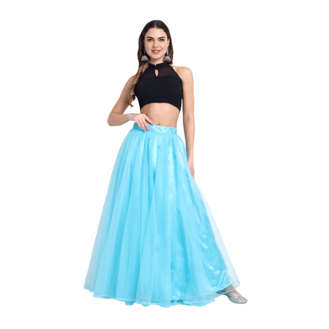 Elegant Women Flared Maxi Net Skirt blue