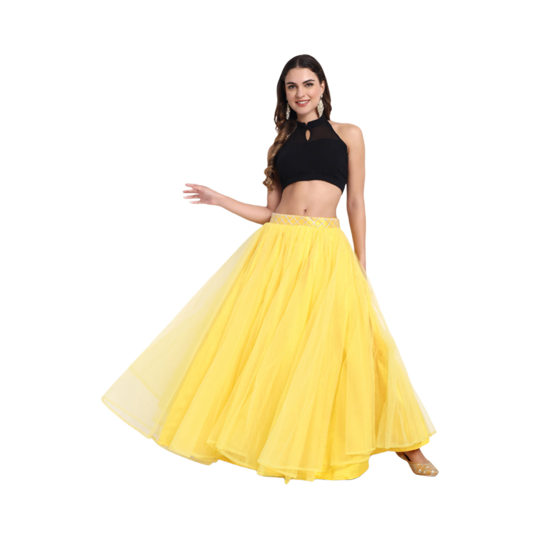 Elegant Women Flared Maxi Net Skirt yellow