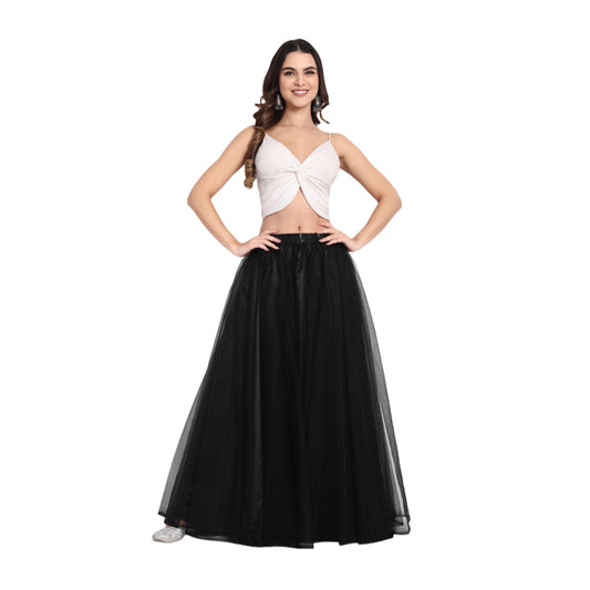 Elegant Women Flared Maxi Net Skirt black