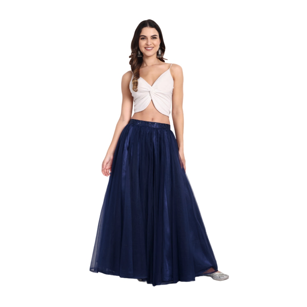 Elegant Women Flared Maxi Net Skirt navy blue