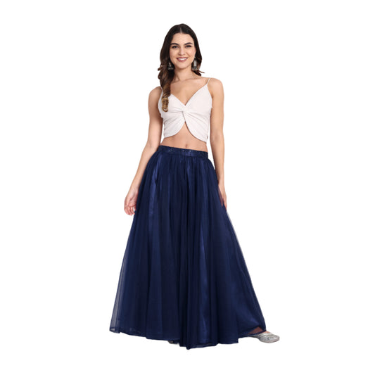 Elegant Women Flared Maxi Net Skirt navy blue