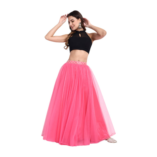 Elegant Women Flared Maxi Net Skirt pink