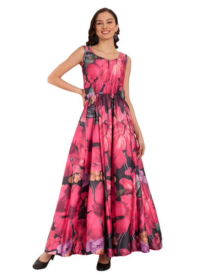 Elegant Women Floral Printed Sleeveless Satin Maxi Dress – Stylish Party, Vacation & Evening Wear