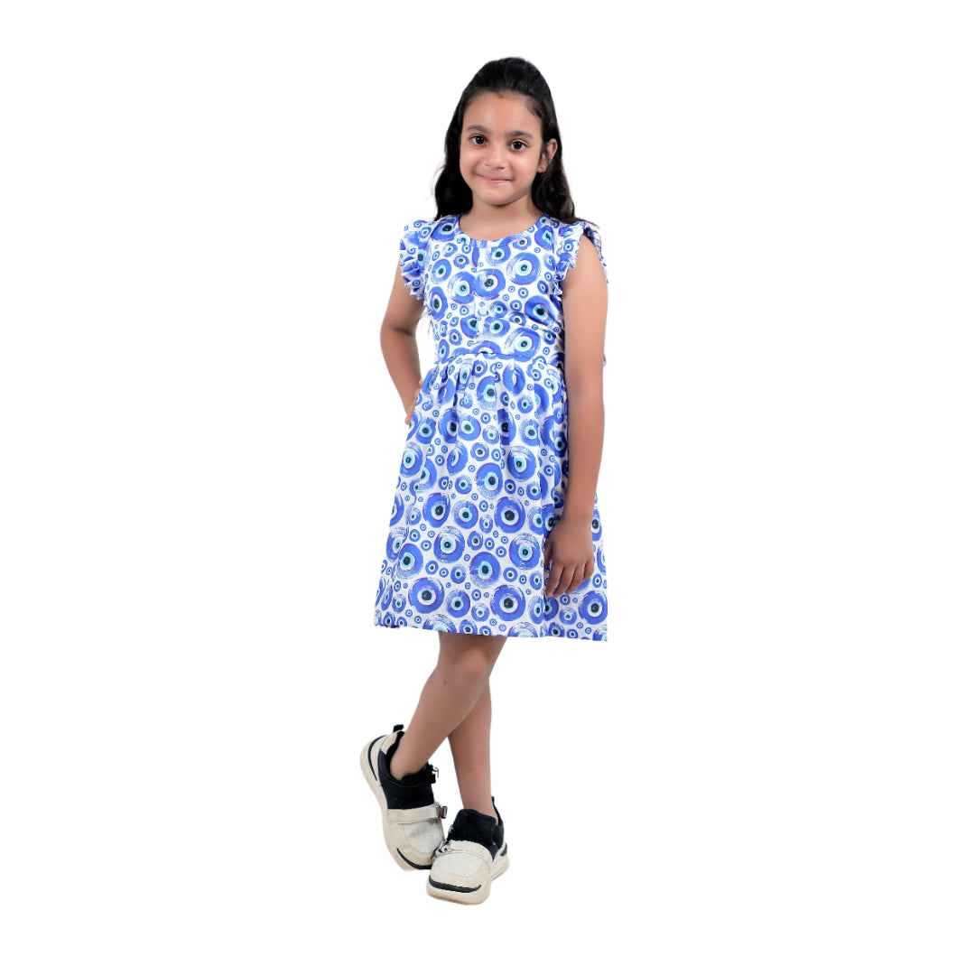 Girls Blue Evil Eye Printed Cotton Casual Dress