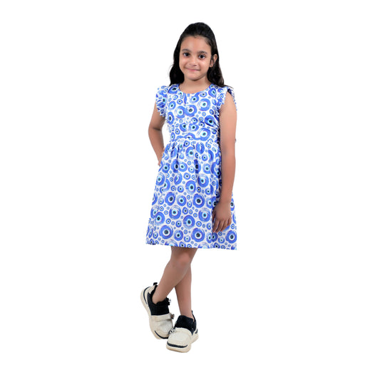 Girls Blue Evil Eye Printed Cotton Casual Dress
