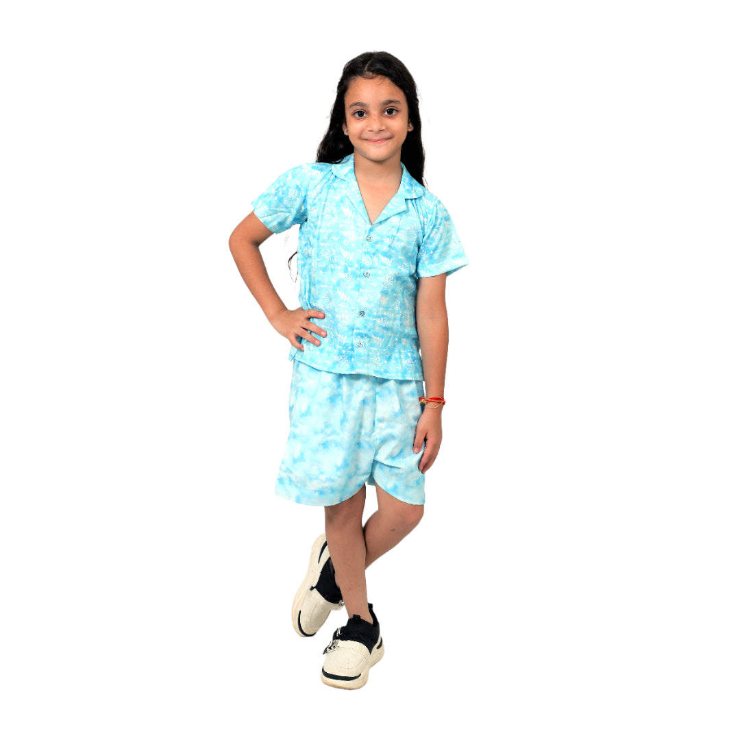 Girls Sky Blue Tie-Dye Co-Ord Shirt & Shorts Set