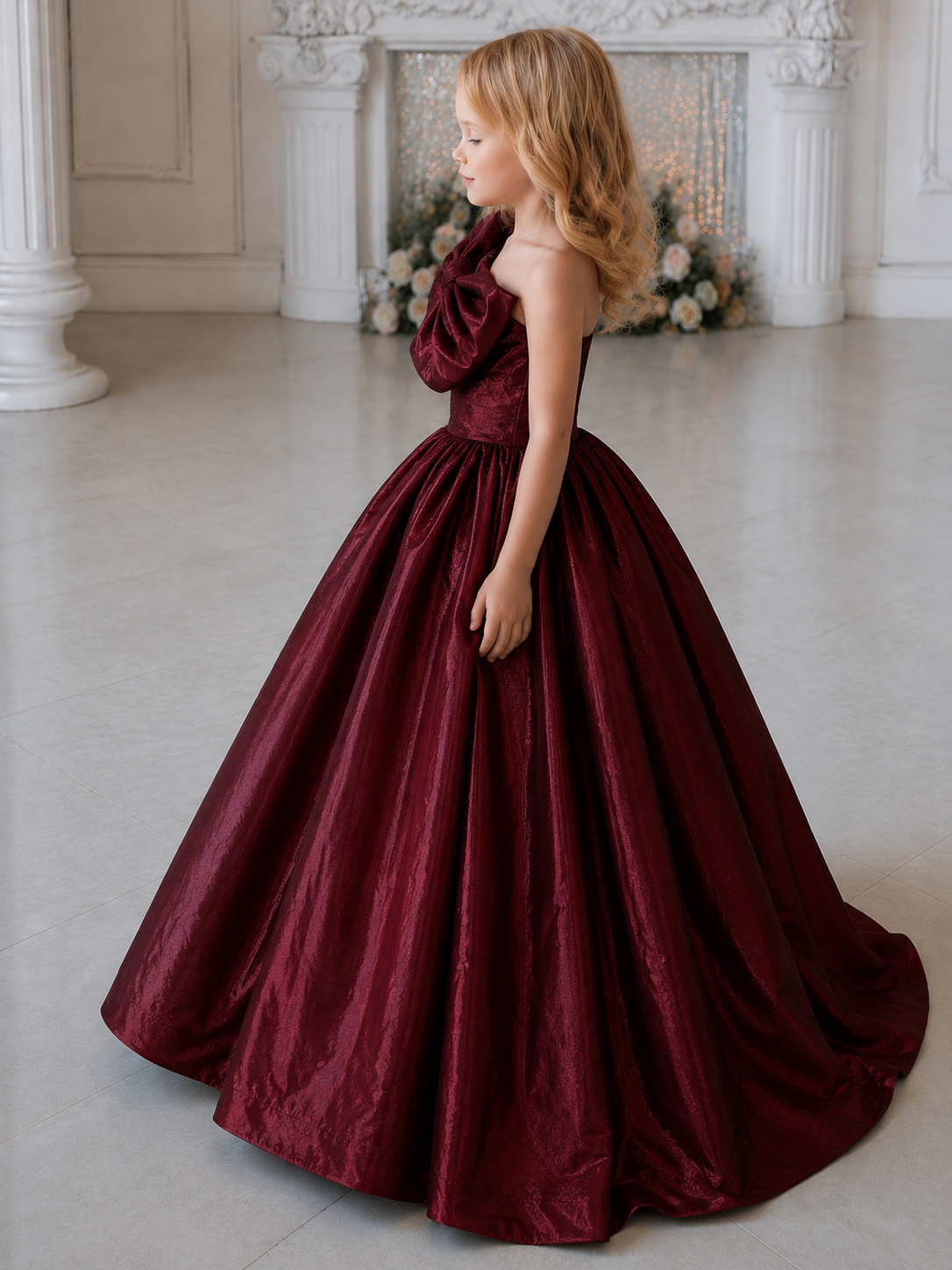 Royal Bordeaux One-Shoulder Bow Ball Gow