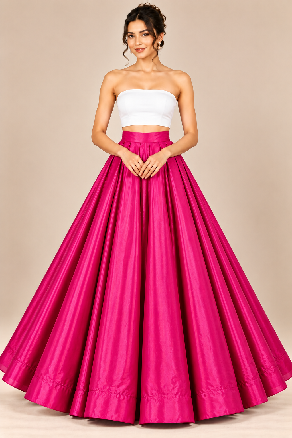 Women’s Hot Pink Glass Satin Flared Maxi Skirt | High-Waist Pleated Full-Length Party Wear Skirt