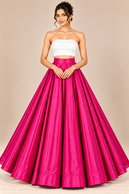 Women’s Hot Pink Glass Satin Flared Maxi Skirt | High-Waist Pleated Full-Length Party Wear Skirt