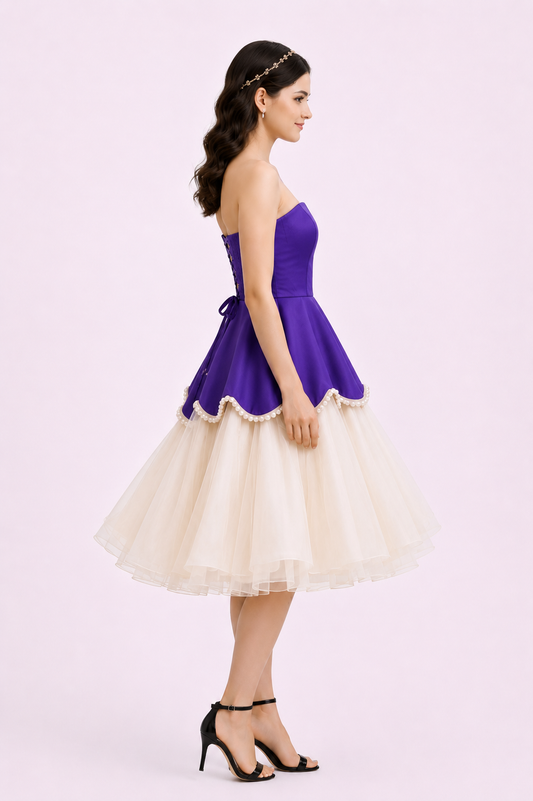 Women's Royal Purple Strapless Fit & Flare Midi Dress | Pearl Trim Layered Tulle Party Dress