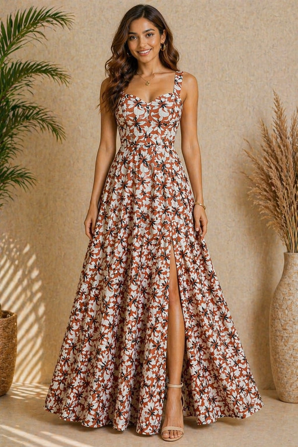 Women’s Rust Orange Floral Print Maxi Dress with Front Slit