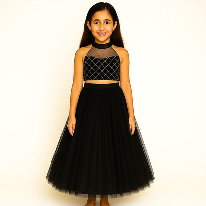 Girls Party Wear Set – Crop Top & Skirt Combo for Kids (black)