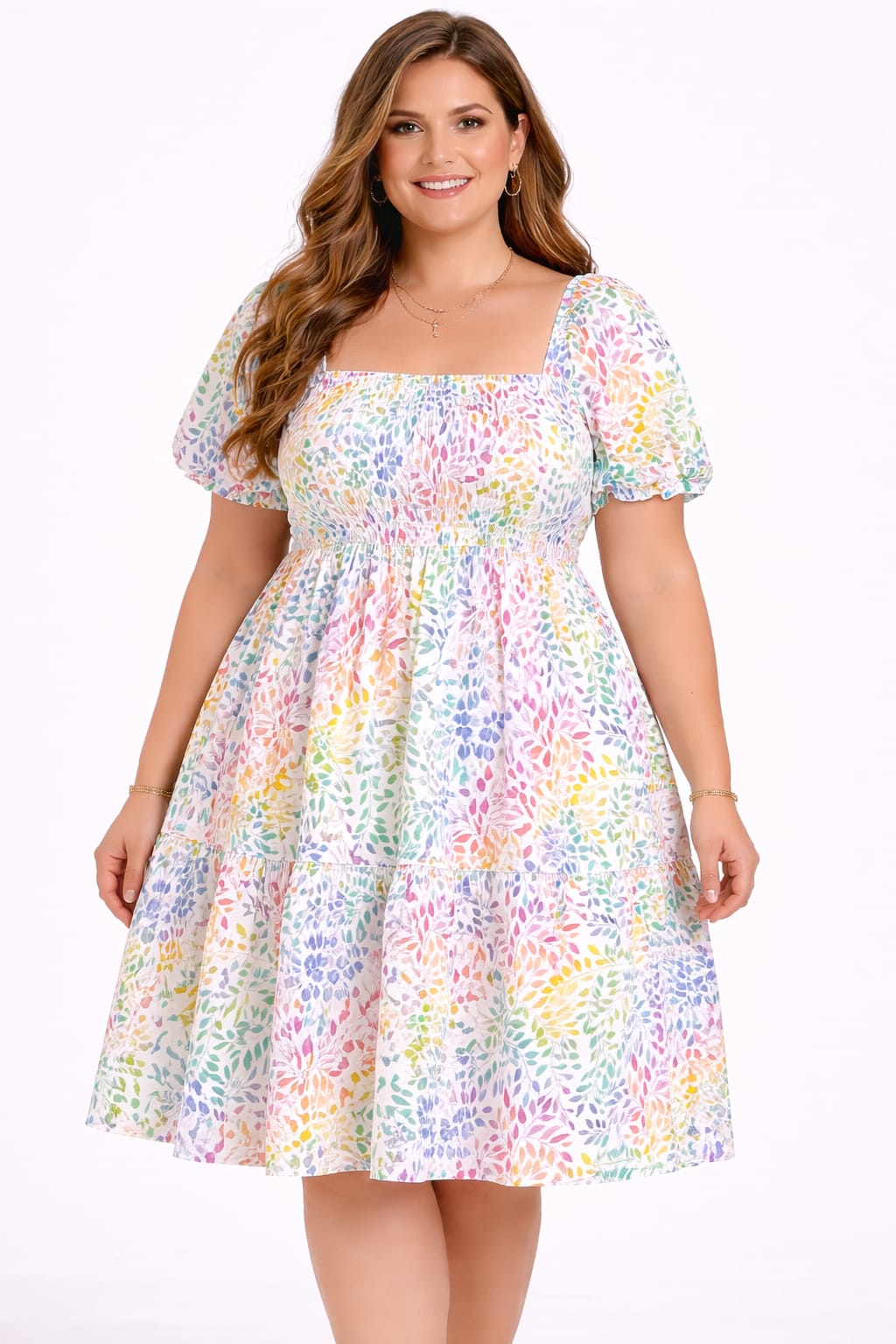 Pastel Floral Smocked Fit & Flare Dress for Women – Puff Sleeve Casual Summer Dress