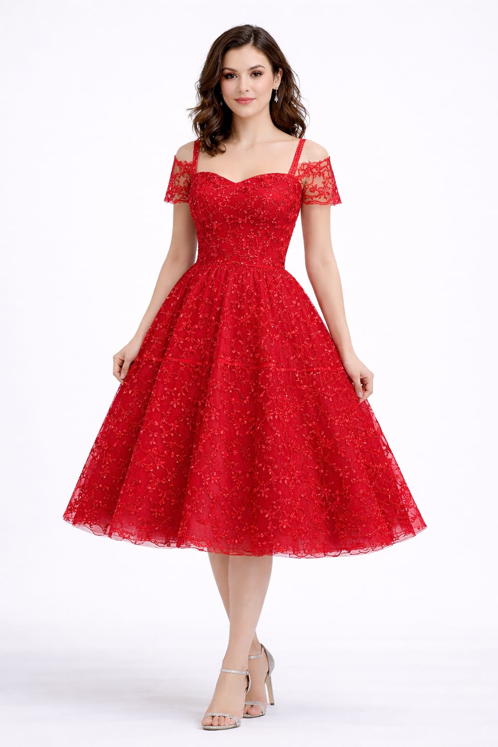 Elegant Women Floral Embroidered Net Fit & Flare Midi Dress – Party & Occasion Wear Red