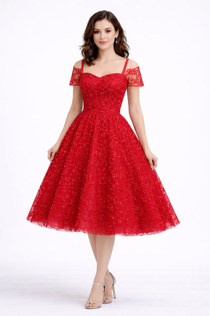 Elegant Women Floral Embroidered Net Fit & Flare Midi Dress – Party & Occasion Wear Red