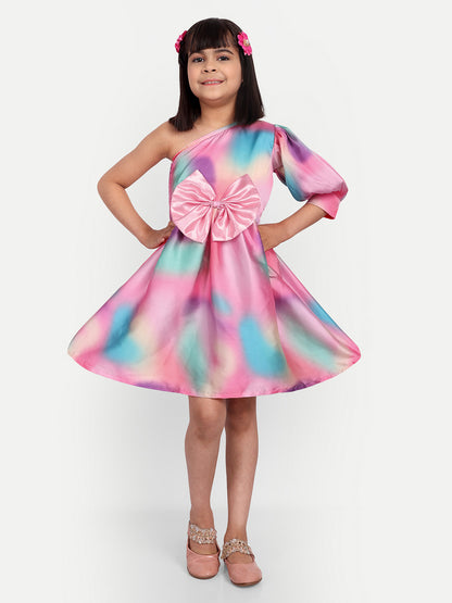Girls Pink Tie-Dye One-Shoulder Party Dress