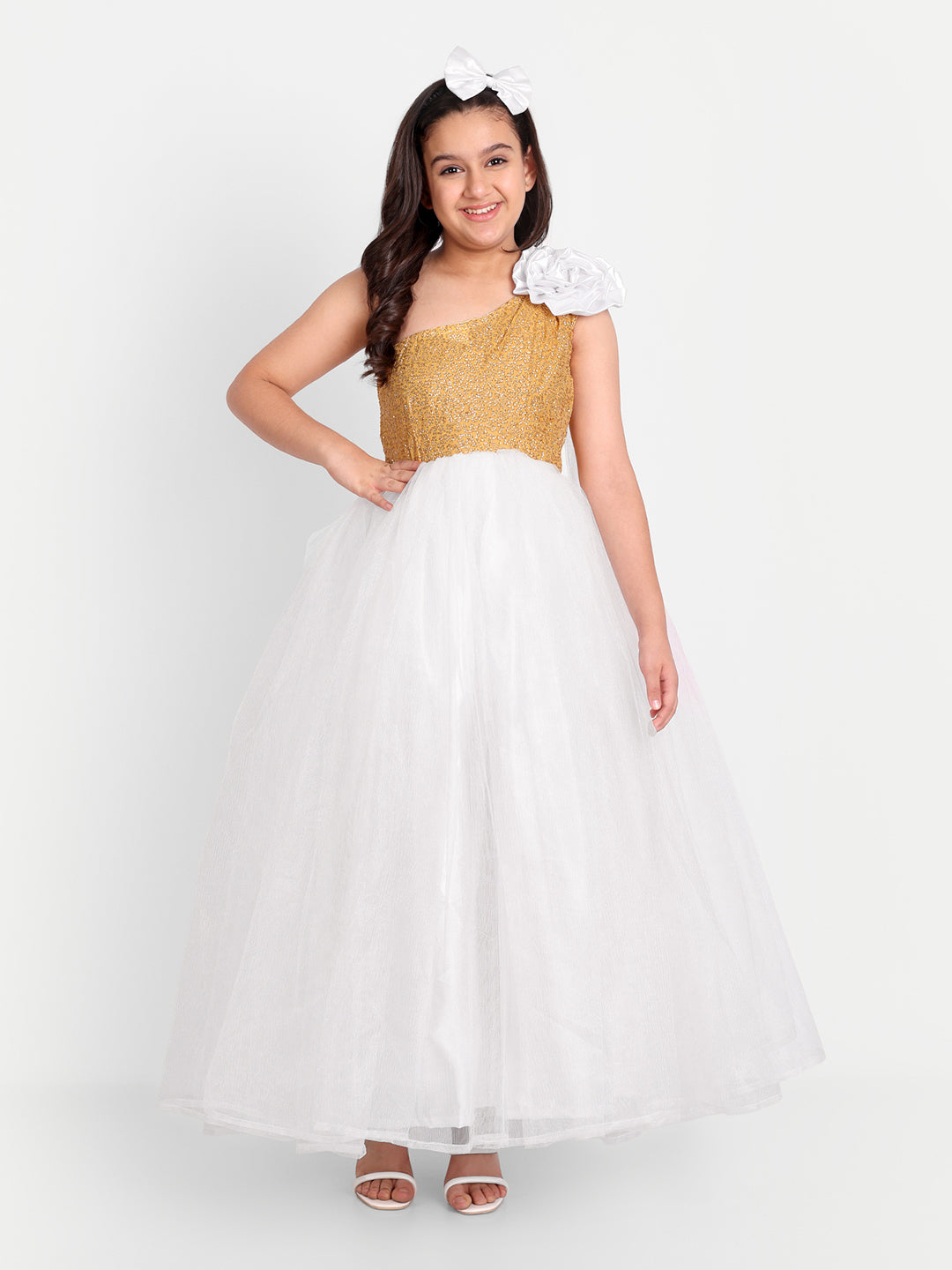 White & Gold One-Shoulder Princess Gown for Girls with Sequin Bodice