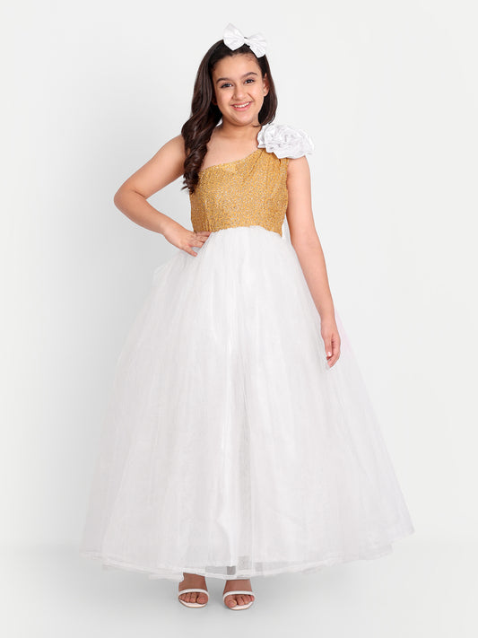 White & Gold One-Shoulder Princess Gown for Girls with Sequin Bodice