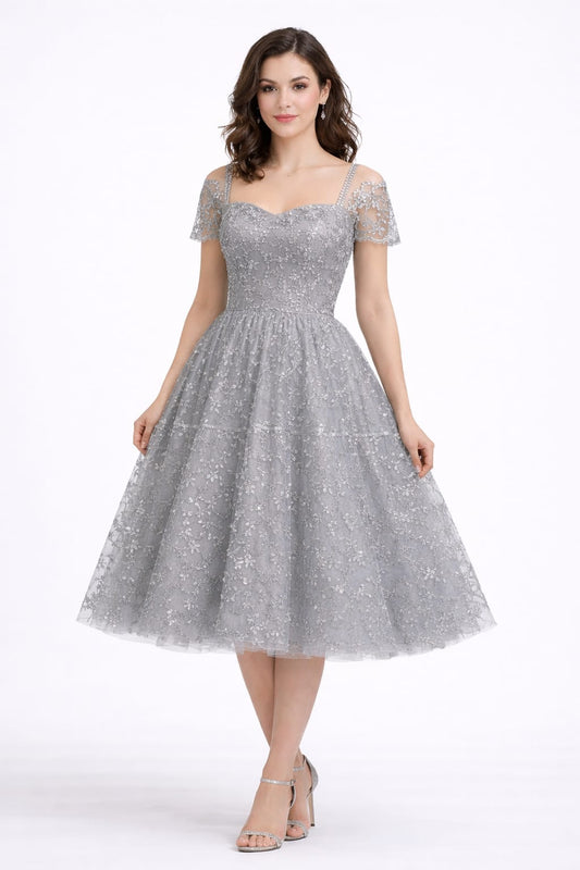 Elegant Women Floral Embroidered Net Fit & Flare Midi Dress – Party & Occasion Wear Grey