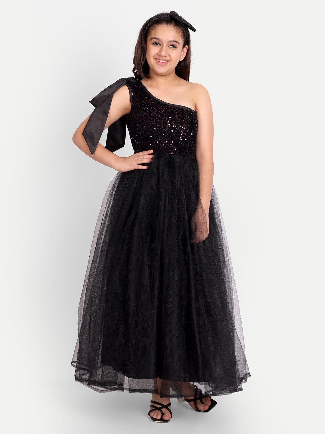 Elegant Black One-Shoulder Sequin Party Gown for Girls