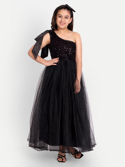 Elegant Black One-Shoulder Sequin Party Gown for Girls