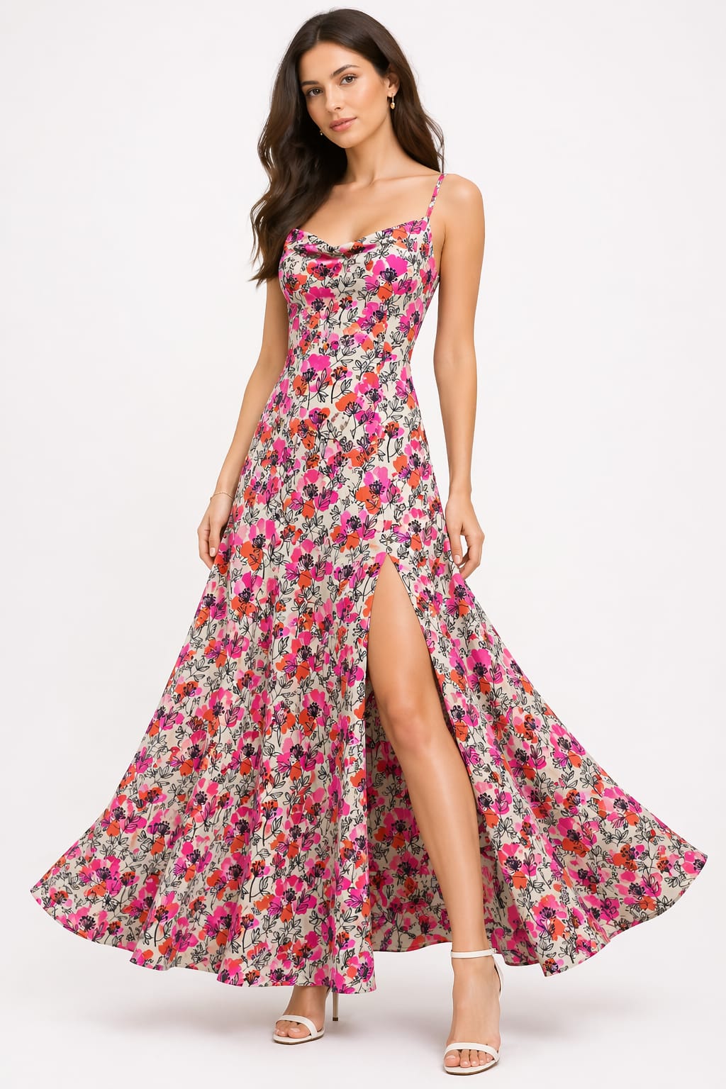 Pink Floral Print Side Slit Maxi Dress for Women – Elegant Sleeveless Summer Dress