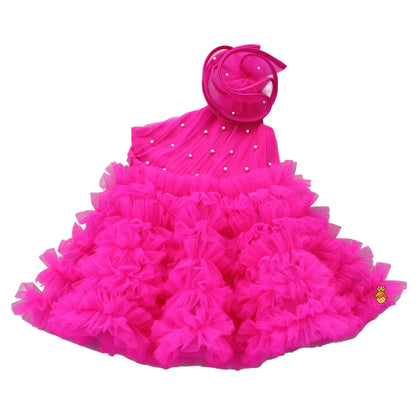 Girls Floral Off Shoulder Net Fit & Flare Dress – Party Wear