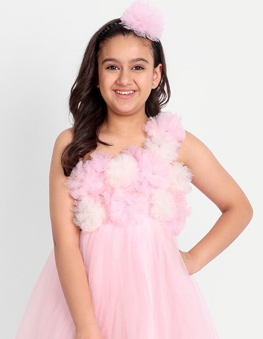 Girls Floral Off Shoulder Net Fit & Flare Dress – Party Wear