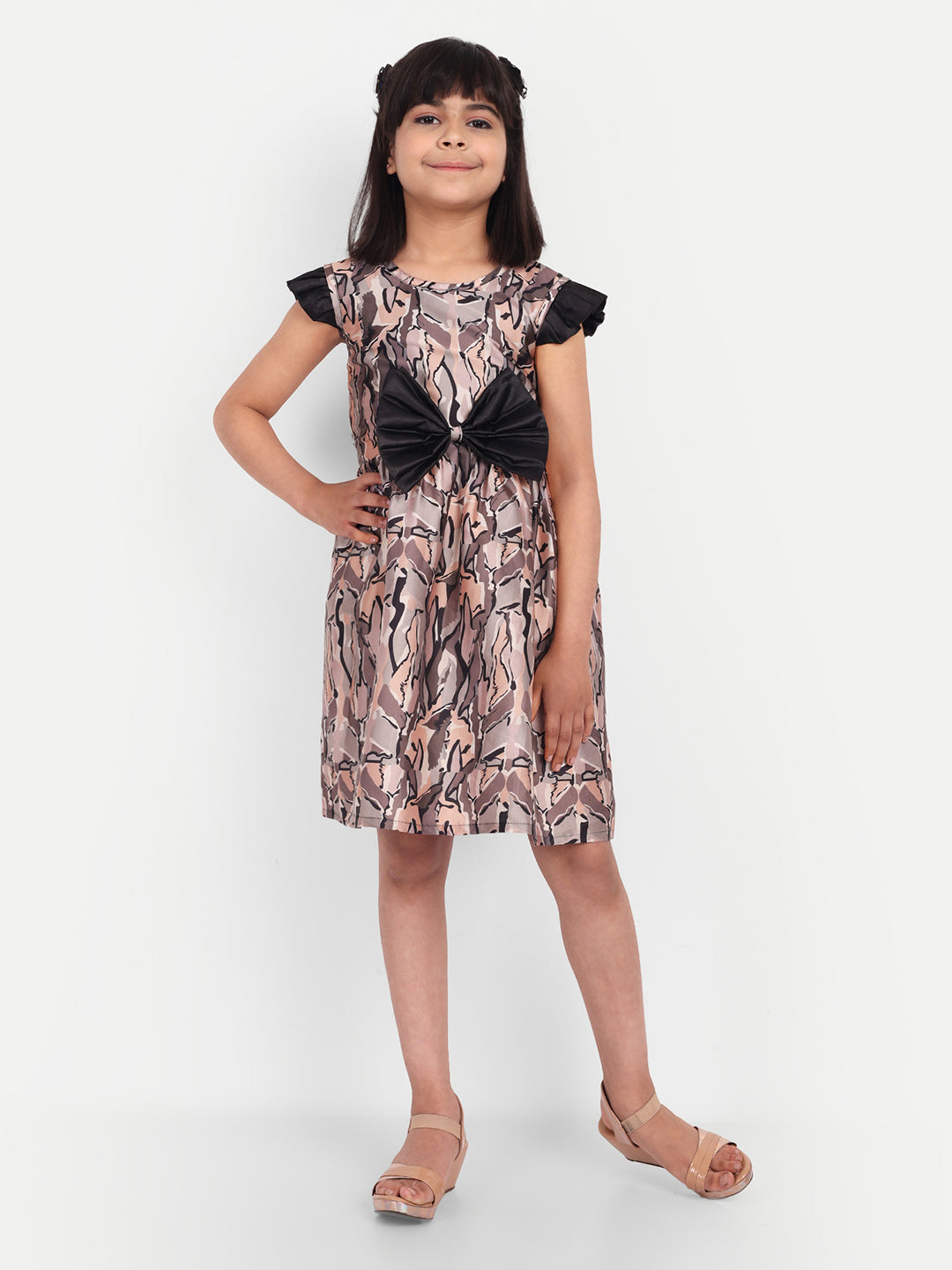 Girls Printed Knee-Length Dress with Statement Black Bow – Stylish Party Wear