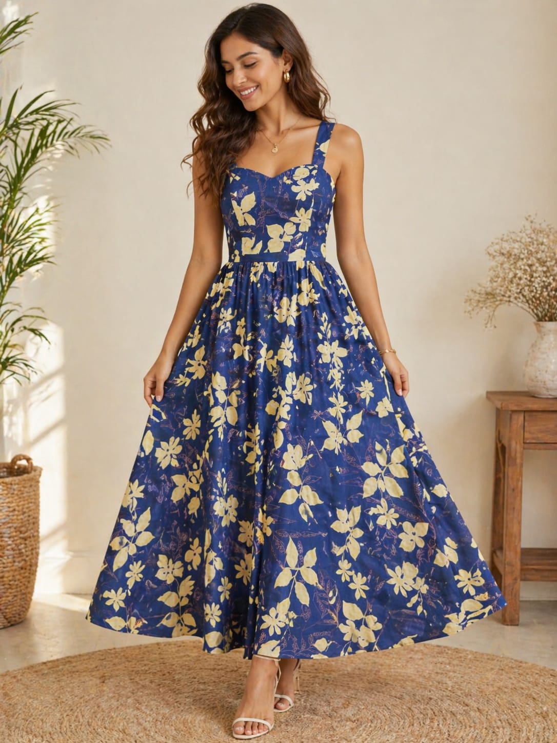 Women’s Navy Blue Floral Print Midi Maxi Dress
