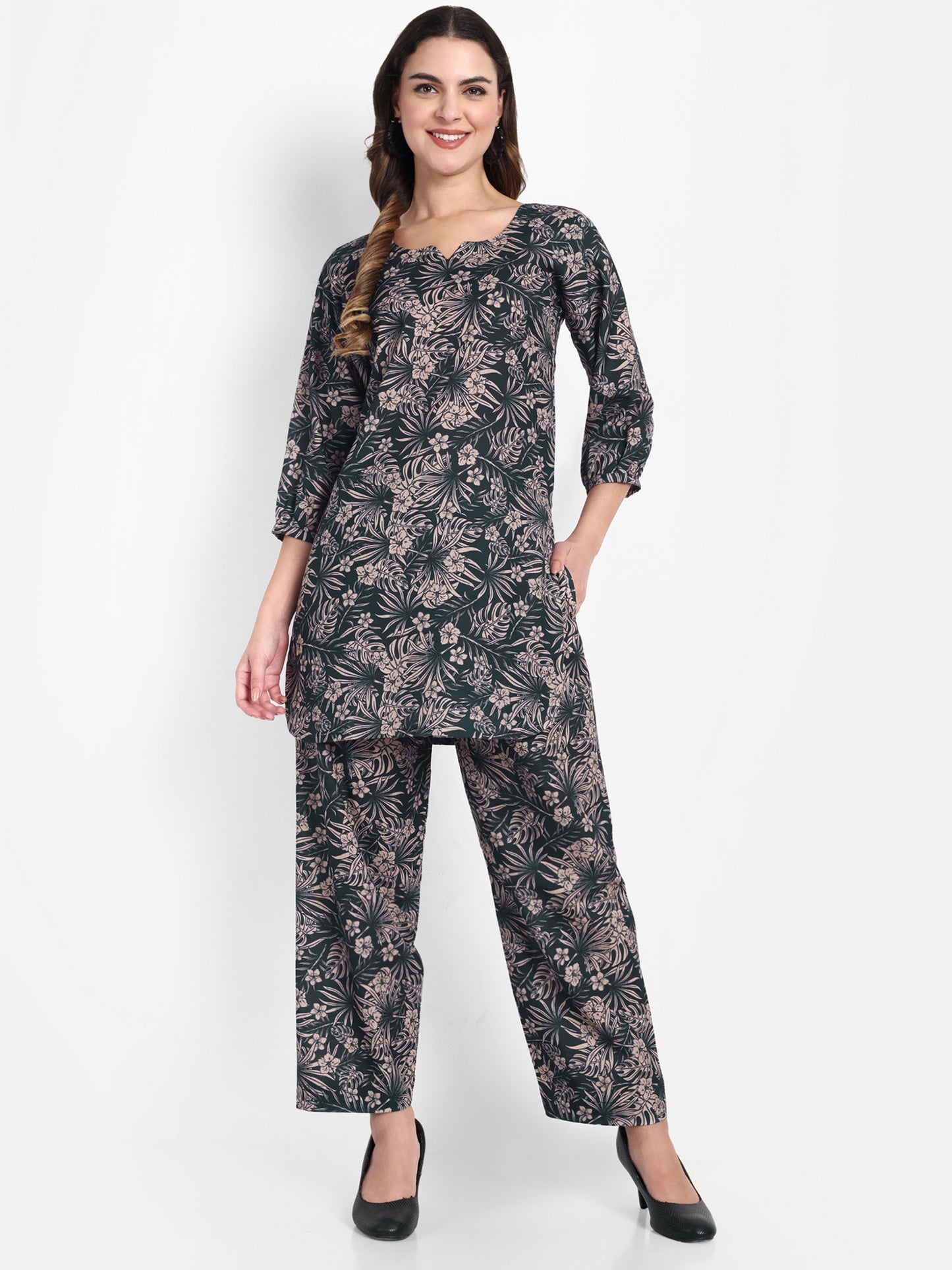Elegant Women Co-ord Set – Stylish Matching Top & Bottom Outfit for Casual & Party Wear dark forest green
