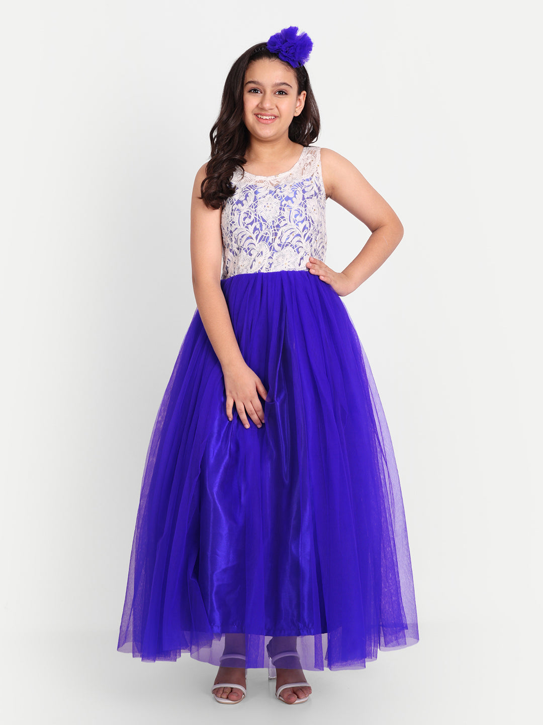 Royal Purple Party Wear Gown for Girls with Lace Embroidery