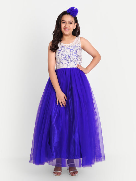 Royal Purple Party Wear Gown for Girls with Lace Embroidery
