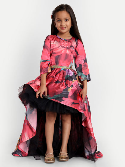 Girls Floral Print High-Low Designer Party Gown