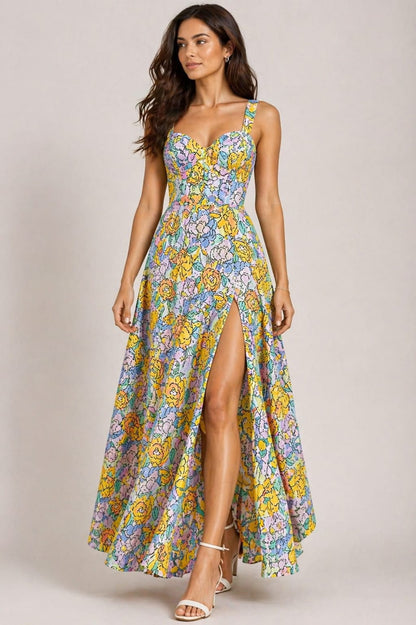 Pastel Floral Side Slit Maxi Dress for Women – Elegant Sleeveless Summer Party Dress