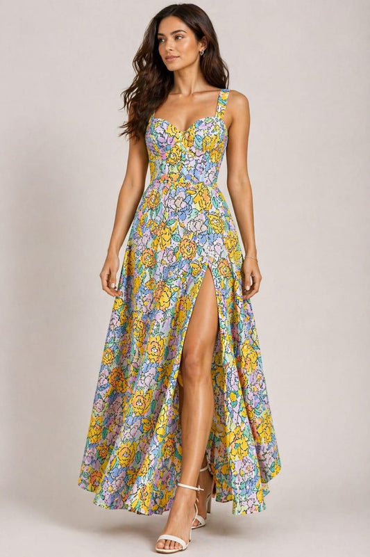 Pastel Floral Side Slit Maxi Dress for Women – Elegant Sleeveless Summer Party Dress