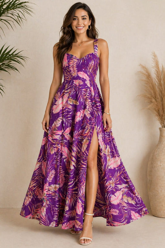 Women’s Purple Tropical Print Maxi Dress with Front Slit