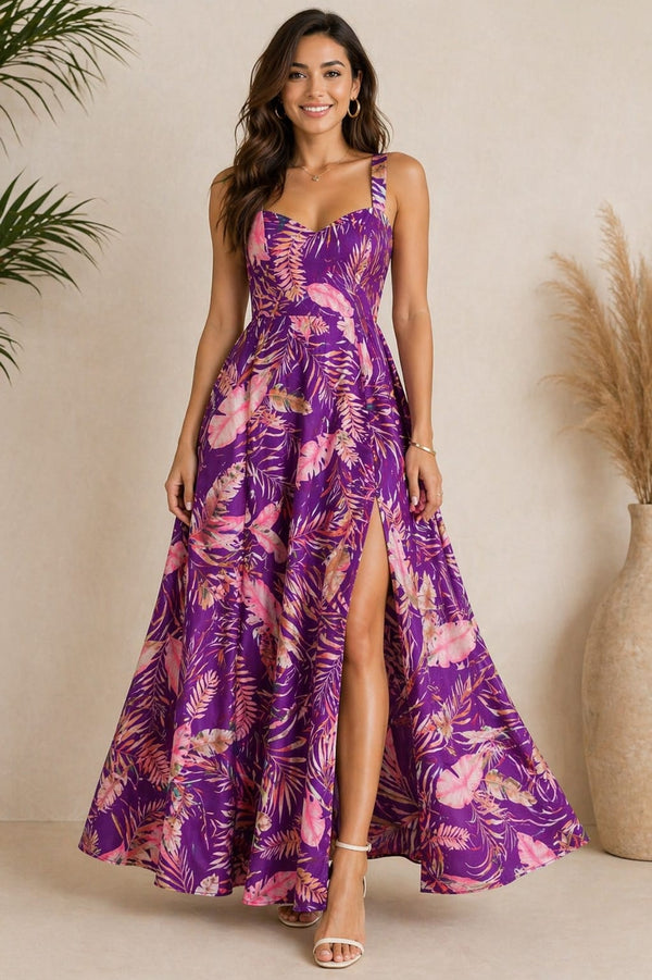 Women’s Purple Tropical Print Maxi Dress with Front Slit
