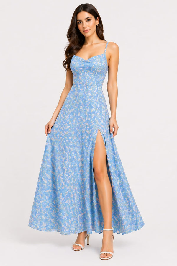 Elegant Sky Blue Floral Print Maxi Dress with Thigh Slit