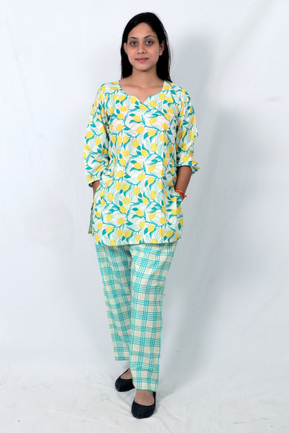 Elegant Women Co-ord Set – Stylish Matching Top & Bottom Outfit for Casual & Party Wear yellow and green