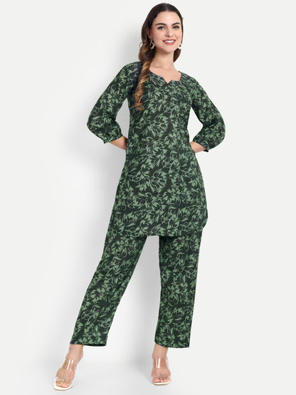 Elegant Women Co-ord Set – Stylish Matching Top & Bottom Outfit for Casual & Party Wear dark forest green